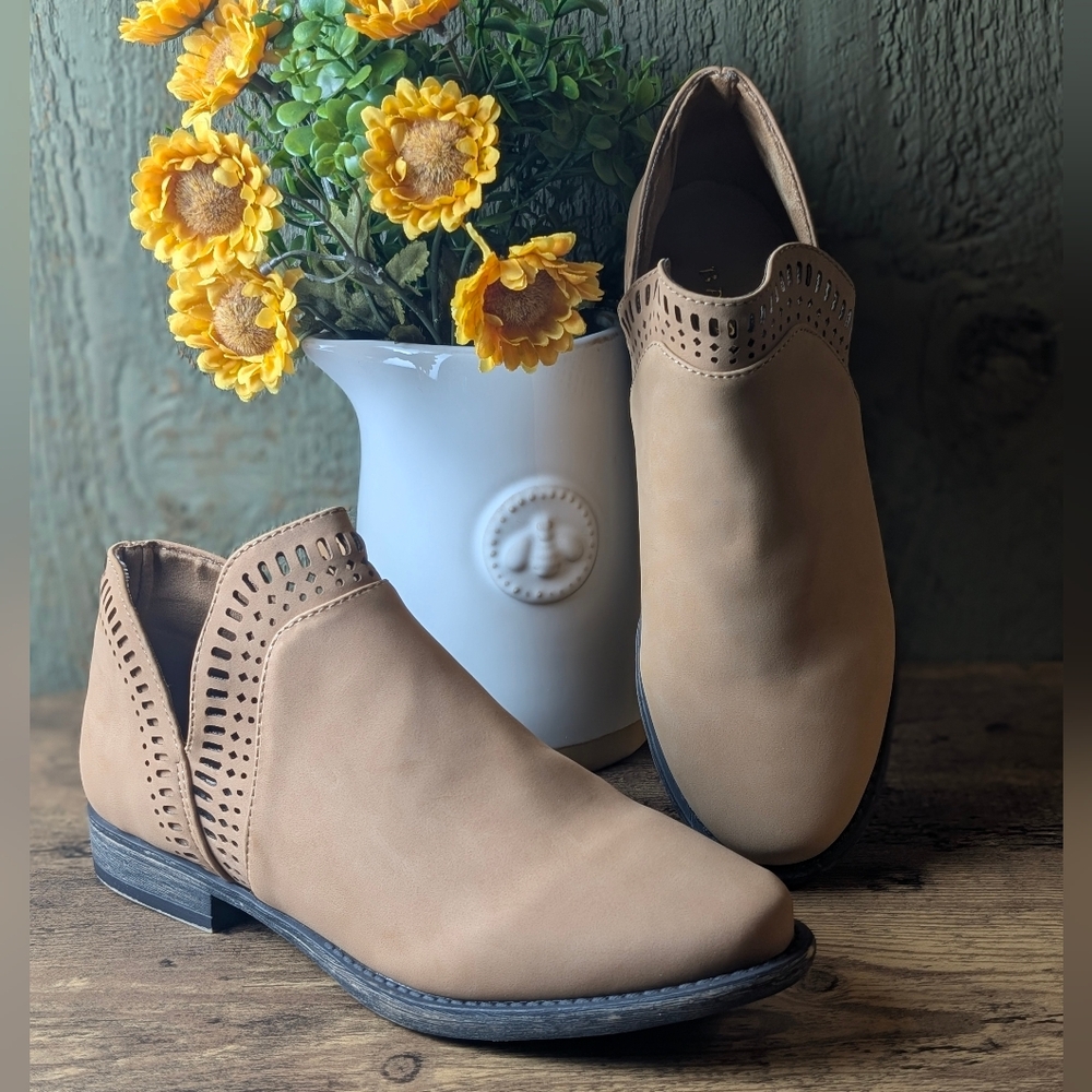 BAMBOO Tan Ankle Booties with Cutout Design